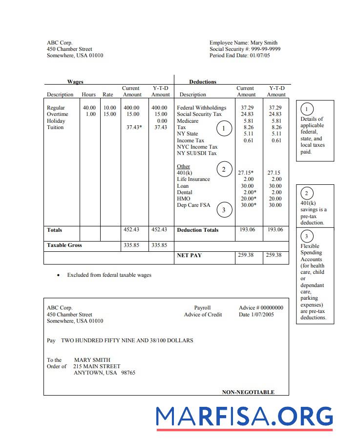 Realistic Employee hourly pay stub example